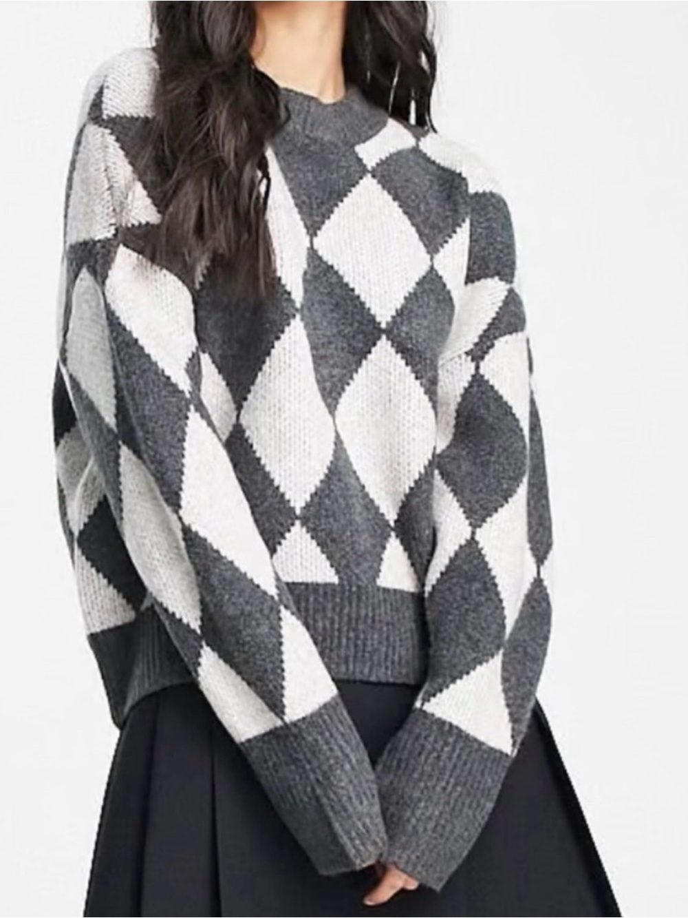 Abercrombie & Fitch Oversized Argyle Sweater Gray White Preppy Knit Size Small